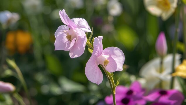 Delicate light pink sweet pea blossoms of the 'Alisa' variety in bloom