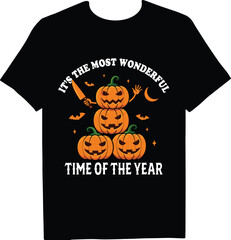 This tshirt features a festive halloween design with stacked pumpkins, bats, and the phrase its the most wonderful time of the year, perfect for spooky season celebrations