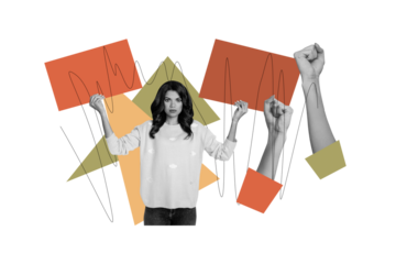 Composite photo collage of serious american girl protester picket agitation propaganda hands fist power isolated on painted background