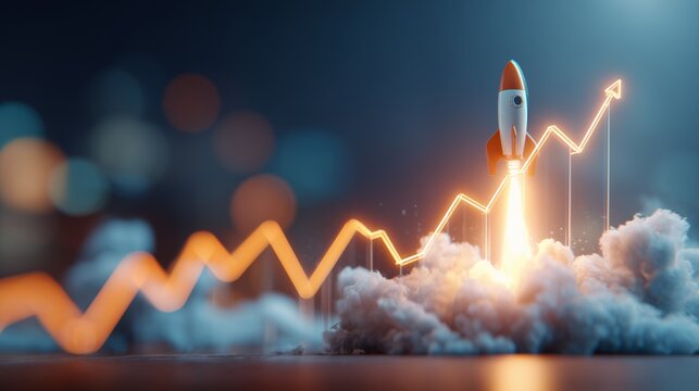 A rocket takes off with a financial chart showing growth and success, concept for startup venture, business development and investment growth