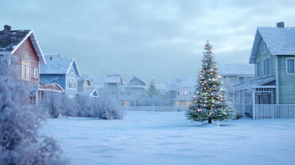 Fototapeta premium Christmas tree and snowy quiet suburban street covered in white snow and sparkling frost - xmas festive scene
