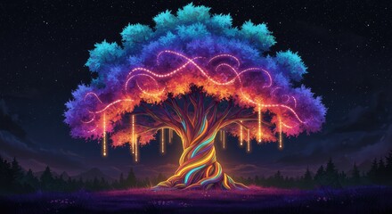 Magical tree glows with vibrant colors under starry night sky, perfect for fantasy games, enchanting storybooks, and whimsical brand campaigns
