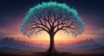 Magical tree of life with glowing leaves under starry night sky, perfect for fantasy book covers, website backgrounds, and inspirational art prints