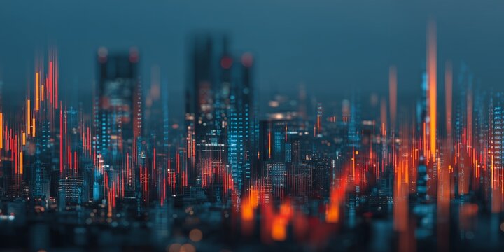 Abstract cityscape with vibrant red and blue light trails representing financial data fluctuations at night. Concept for stock market analysis, investment strategy and data visualization