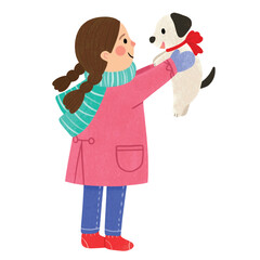 Illustration of Girl Holding Puppy in Winter