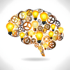 human brain made of lightbulbs and gears, creativity concept, vector surreal art, isolated on white