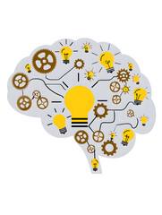 human brain made of lightbulbs and gears, creativity concept, vector surreal art, isolated on white