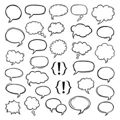 Fototapeta premium Collection of hand-drawn speech bubbles and thought balloons in various shapes and styles, perfect for comics, illustrations, and design projects.