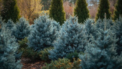 Blue spruce foliage, seasonal change, nature background for text and layout