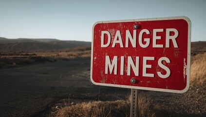 Danger mines sign at a remote location, indicating safety risks in the area