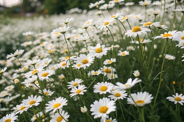 White flowers with yellow centers bloom vibrantly in a sunlit field, their petals unfurling gently under the warm light.