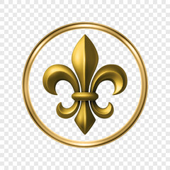 Vector 3d Golden Fleur De Lis Symbol in Round Frame. Elegant Royal Emblem. Classic French Heraldic Icon. Luxury Fleur De Lis Sign. Logo Design, Badge, Noble Decoration, Vintage Ornament © gomolach