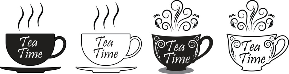 Flat tea cup vector icon set with steam and 
