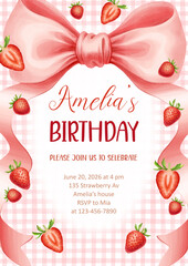 Berry sweet birthday invitation template. Coquette pretty charming frame with pink bow and strawberries. Vintage background for greeting cards.