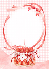 Coquette pretty charming frame with pink ribbon, bow and strawberry birthday cakes. Holiday trendy template. Vintage background for girls birthday greeting cards, invitations, social media