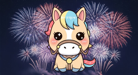 Cartoon Pony and Fireworks Night Scene