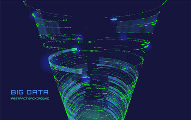 Futuristic data green digital 3D tower or wormhole. Abstract wireframe mesh. For technology or science. Vector Illustration.