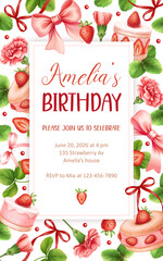 Berry sweet birthday invitation template. Coquette pretty charming frame with pink bow, strawberries, flowers, green leaves and beautiful holiday cakes. Vintage background.