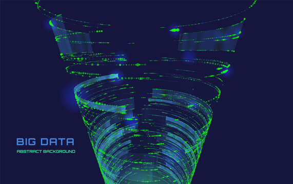 Futuristic data green digital 3D tower or wormhole. Abstract wireframe mesh. For technology or science. Vector Illustration.