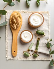 Serene Spa Essentials: Wooden Brush, Jade Rollers, and Cream on Linen.