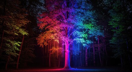 Obraz premium Experience a stunning rainbow illuminated forest with vibrant colors creating an enchanting magical landscape at night with colorful trees and dark woods