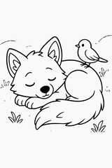 Dreamy Fox Coloring Page A Serene Nap with Bird Friend in Outlines
