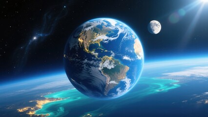 Vibrant blue planet with glowing oceans and orbiting moon under radiant sun, space exploration, digital earth