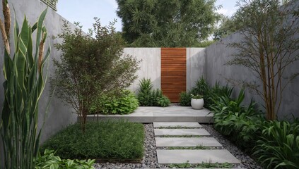 Fototapeta premium Garden and terrace layout featuring contemporary materials and decorative elements, emphasizing aesthetic appeal