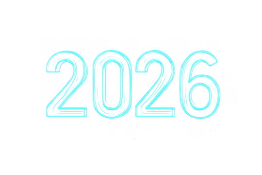 Blue neon glowing numbers forming the year 2026, representing future, technology, and new beginning on a transparent background