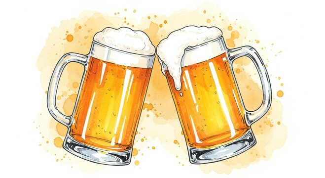 Two frosty beer mugs clinking together in a cheerful toast, symbolizing celebration and camaraderie, with a light watercolor splash background, perfect for a refreshing design