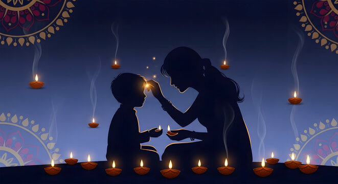 Sister applies a tilak on her brother's forehead while lighting Diwali lamps on Bhai Duj Celebration