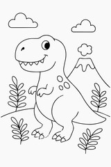 Friendly T-Rex Dinosaur Coloring Page for Kids Engaging Prehistoric Scene with Volcano and Plants – Outline Art for Creative Fun and Learning