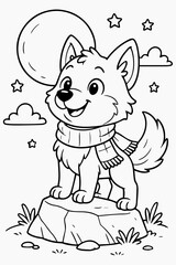 A charming cartoon wolf cub wearing a scarf stands on a rock under a full moon, vector illustration for a children's coloring book page