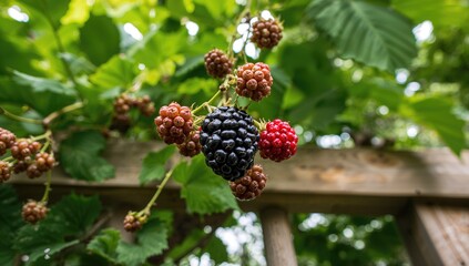 Close-up of ripe blackberries clustered on a wooden trellis with green foliage in a home garden