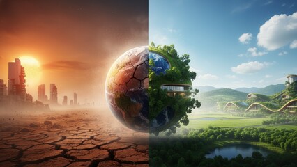 Split world shows dry wasteland and green field joined by glowing earth sphere, space exploration, digital earth