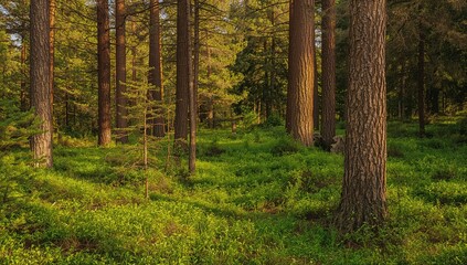 Obraz premium Lush woodland filled with vibrant pine trees and fresh green foliage