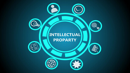 Intellectual property concept with icons in a circular arrangement on a blue gradient background