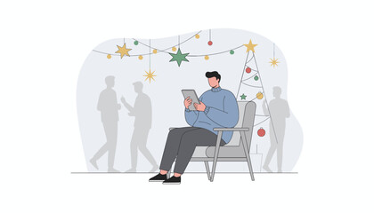 Man uses a tablet during a festive holiday gathering surrounded by celebrating silhouettes