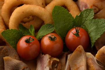 onion rings, close up, garnish for meat, macro, mint, mint leaves, olives, onion, snack, breaded...