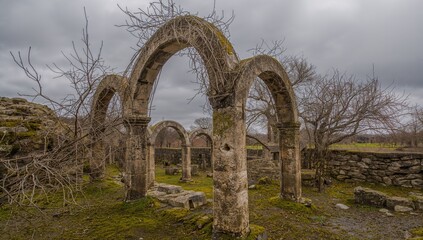 Ancient stone arches at a historical site under a cloudy sky, with mossy ground and bare trees, evoking a sense of preservation