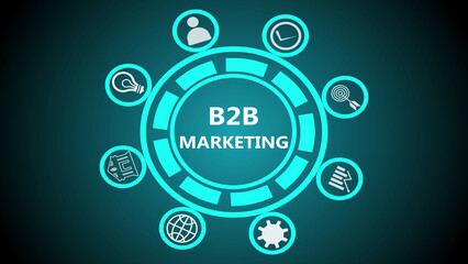 A digital illustration of b2b marketing concept with various icons on a dark teal background design