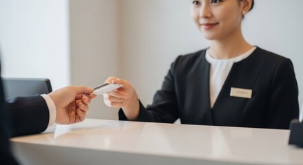 Woman hotel receptionist hands credit card to business man for check-in or checkout service for hospitality and customer service concept.
