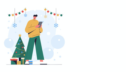 Man uses phone for holiday shopping near Christmas tree and gifts Festive digital communication vector