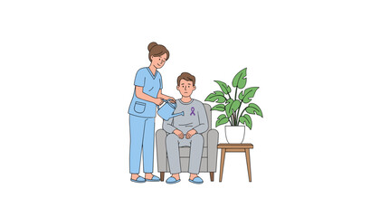 Caregiver waters a patient with a purple awareness ribbon health support illness recovery and medical care illustration