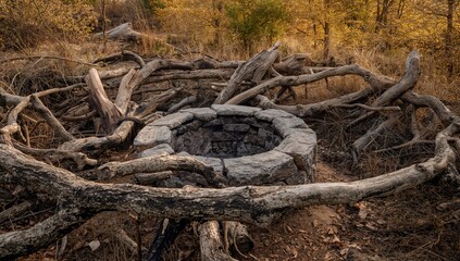 Obraz premium Stone fire pit filled with rustic wooden branches