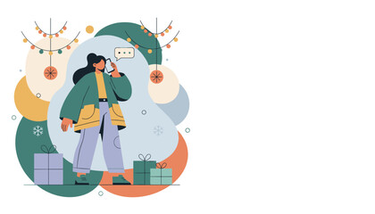 Talking on phone surrounded by holiday gifts and winter decor Festive communication and planning