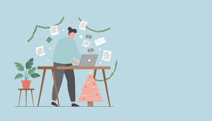 Busy person working remotely on a laptop during the festive holiday season handling high workload