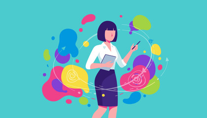 Professional woman presenting strategy amid abstract vibrant goals and creative business concepts