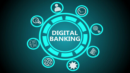 Digital banking concept with circular design and icons representing various banking services on teal background