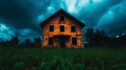 Fototapeta premium Abandoned Old House Under Dramatic Sky with Dark Clouds and Wild Grass
